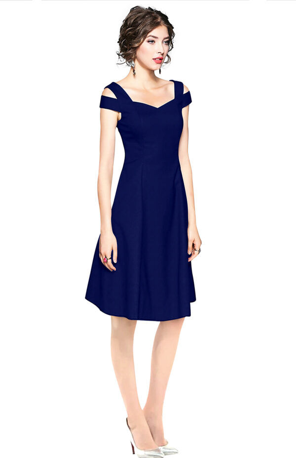 Navy Blue Off-Shoulder V-Neck Knee-Length Dress - Image 2