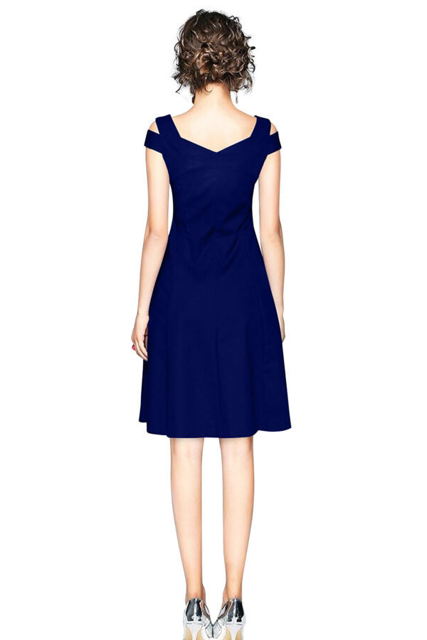 Navy Blue Off-Shoulder V-Neck Knee-Length Dress - Image 4