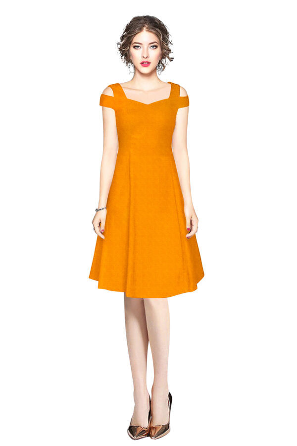 Yellow Off-Shoulder V-Neck Knee-Length Dress
