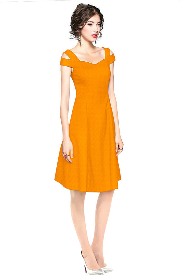 Yellow Off-Shoulder V-Neck Knee-Length Dress - Image 2