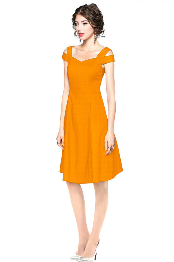 Yellow Off-Shoulder V-Neck Knee-Length Dress - Image 3