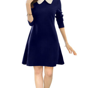 Navy Blue Collared Knee-Length Dress