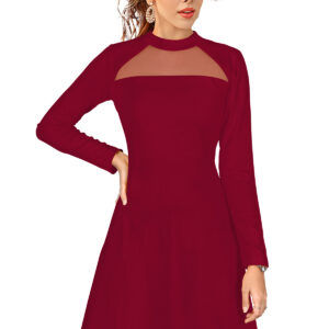 Elegant Maroon Full-Sleeve Stretchable Fit & Flare Dress