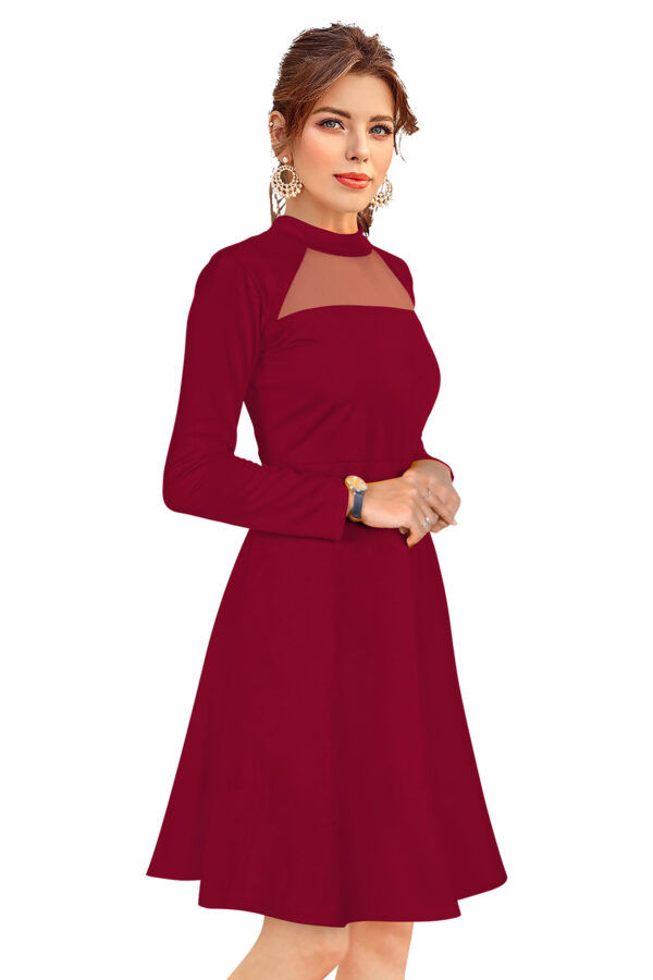 Elegant Maroon Full-Sleeve Stretchable Fit & Flare Dress - Image 2