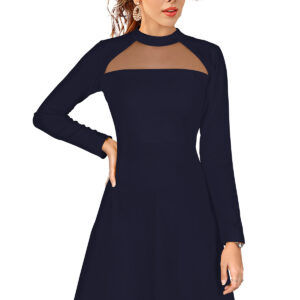 Elegant Navy Blue Full-Sleeve Stretchable Fit & Flare Dress