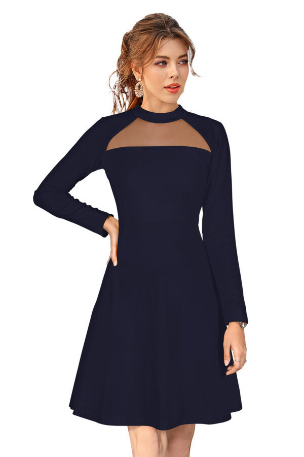Elegant Navy Blue Full-Sleeve Stretchable Fit & Flare Dress