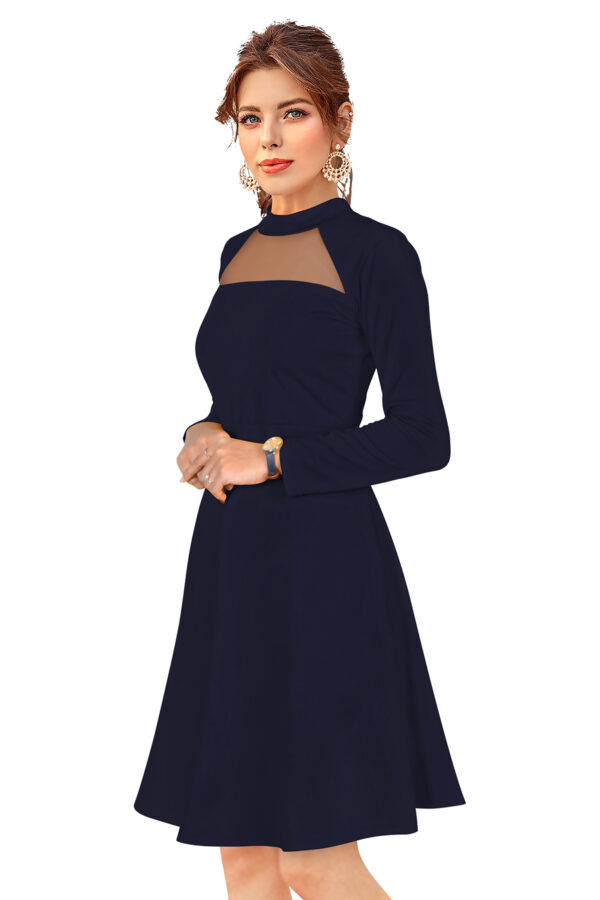 Elegant Navy Blue Full-Sleeve Stretchable Fit & Flare Dress - Image 3