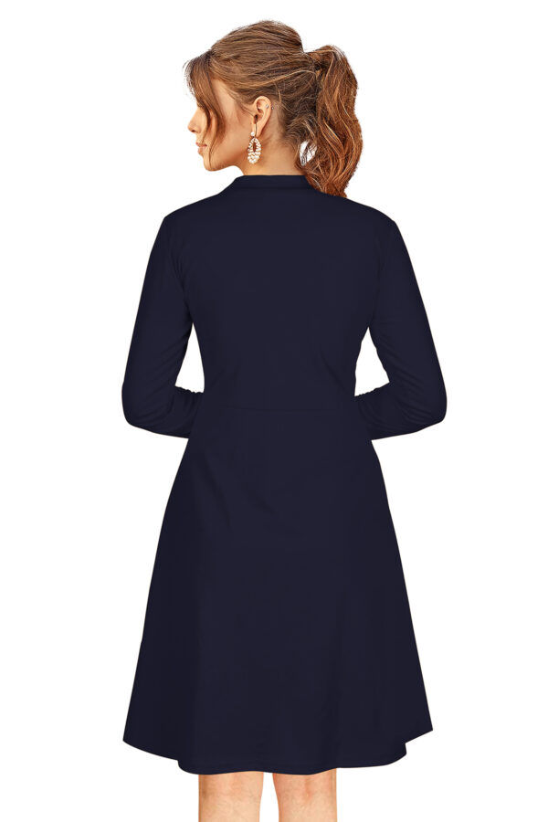 Elegant Navy Blue Full-Sleeve Stretchable Fit & Flare Dress - Image 4