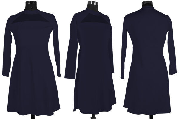 Elegant Navy Blue Full-Sleeve Stretchable Fit & Flare Dress - Image 5