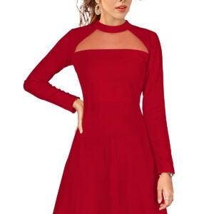 Elegant Red Full-Sleeve Stretchable Fit & Flare Dress