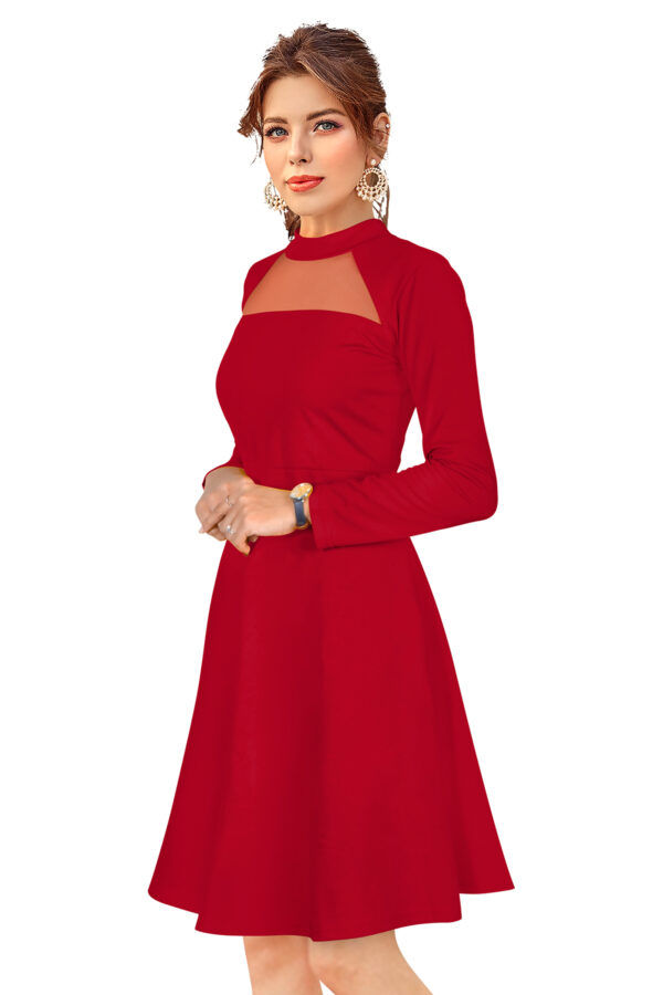 Elegant Red Full-Sleeve Stretchable Fit & Flare Dress - Image 3