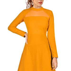 Elegant Yellow Full-Sleeve Stretchable Fit & Flare Dress
