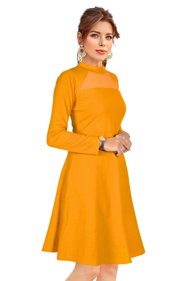 Elegant Yellow Full-Sleeve Stretchable Fit & Flare Dress - Image 2