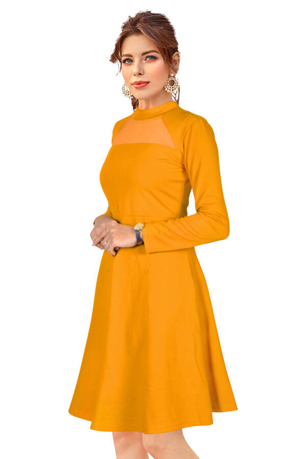 Elegant Yellow Full-Sleeve Stretchable Fit & Flare Dress - Image 3