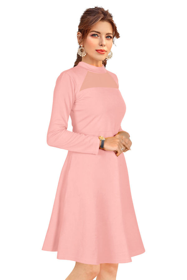 Elegant Peach Full-Sleeve Stretchable Fit & Flare Dress - Image 2
