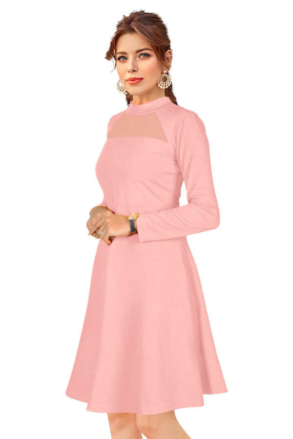 Elegant Peach Full-Sleeve Stretchable Fit & Flare Dress - Image 3