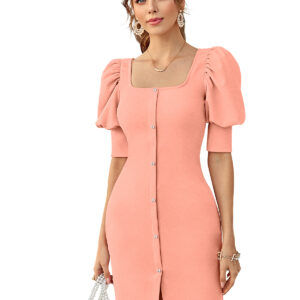 Chic Peach Square-Neck Puff Sleeve Bodycon Dress