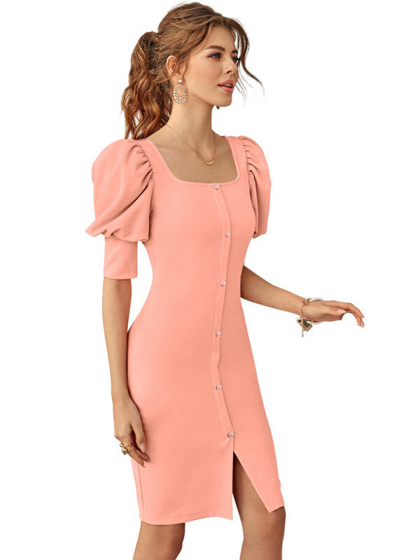 Chic Peach Square-Neck Puff Sleeve Bodycon Dress - Image 2