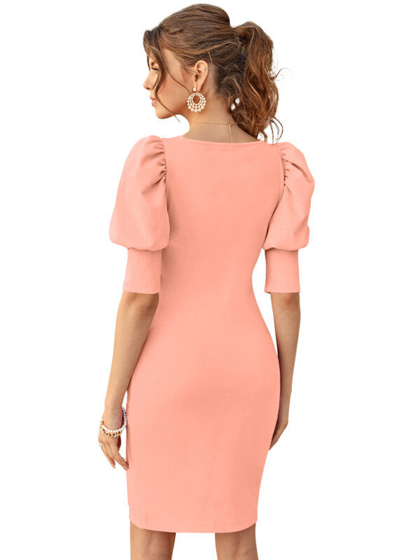 Chic Peach Square-Neck Puff Sleeve Bodycon Dress - Image 4