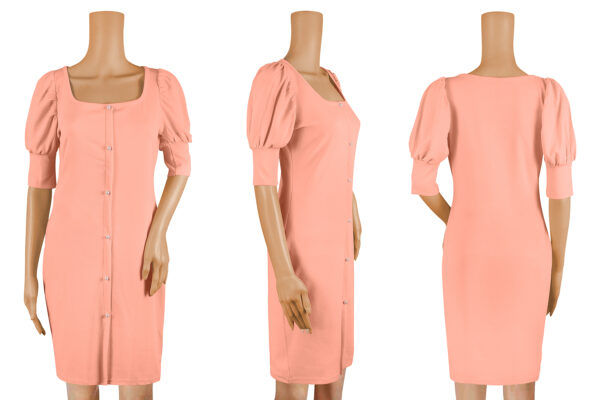 Chic Peach Square-Neck Puff Sleeve Bodycon Dress - Image 5