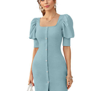 Chic Pista Square-Neck Puff Sleeve Bodycon Dress