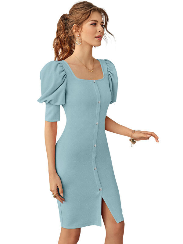 Chic Pista Square-Neck Puff Sleeve Bodycon Dress - Image 2