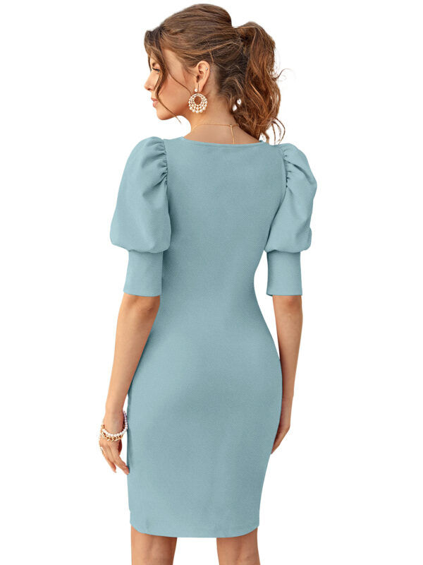 Chic Pista Square-Neck Puff Sleeve Bodycon Dress - Image 4