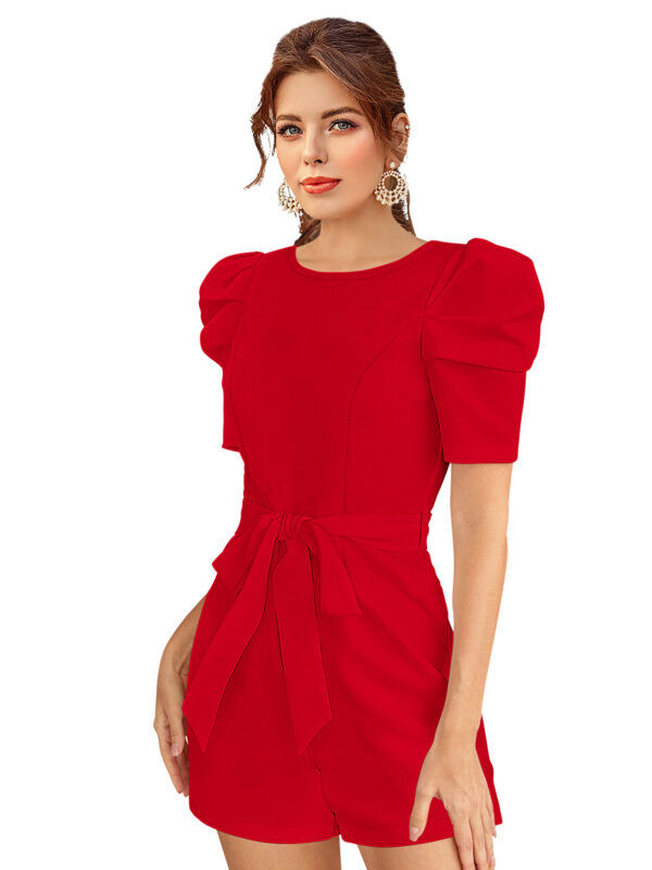 Puff Sleeve Red Short Jumpsuit - Image 4
