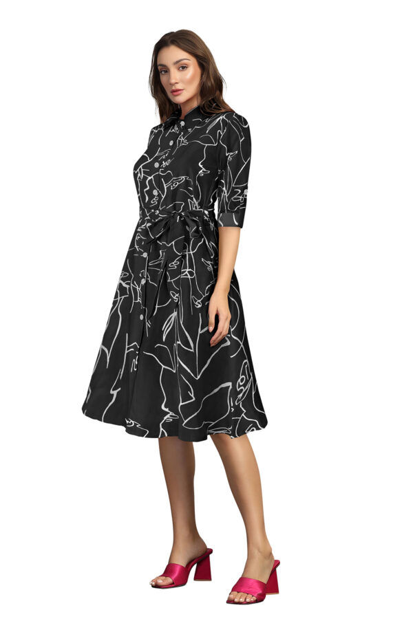 Black Printed Shirt Collar Women's Dress - Image 3