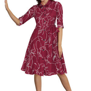 Maroon Printed Shirt Collar Women's Dress