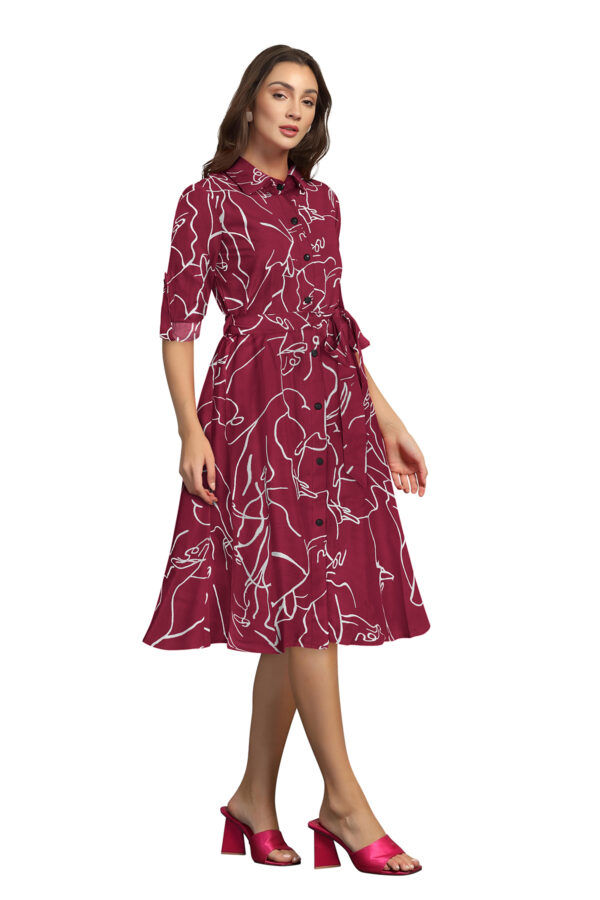Maroon Printed Shirt Collar Women's Dress - Image 2