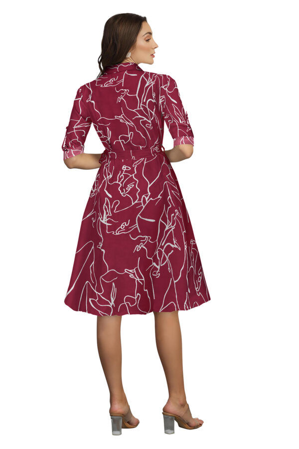 Maroon Printed Shirt Collar Women's Dress - Image 4