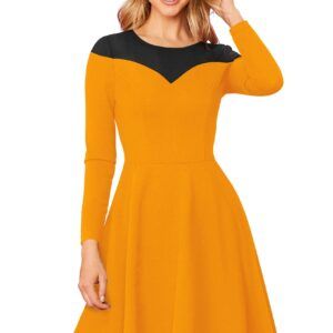 Classic Stretchable Yellow Full-Sleeve Round-Neck Fit & Flare Dress