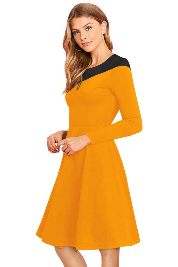 Classic Stretchable Yellow Full-Sleeve Round-Neck Fit & Flare Dress - Image 3