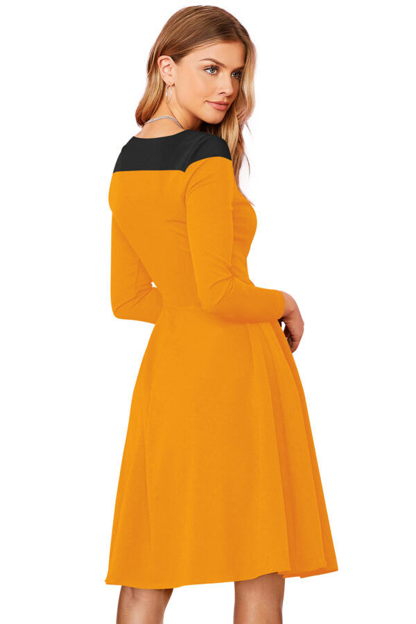 Classic Stretchable Yellow Full-Sleeve Round-Neck Fit & Flare Dress - Image 4