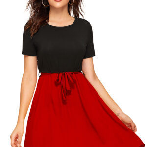 Red Cap-Sleeve Stretchable Fit & Flare Knee-Length Dress