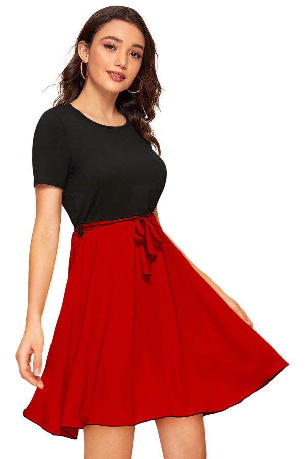 Red Cap-Sleeve Stretchable Fit & Flare Knee-Length Dress - Image 2