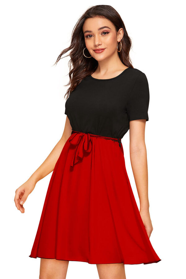Red Cap-Sleeve Stretchable Fit & Flare Knee-Length Dress - Image 3