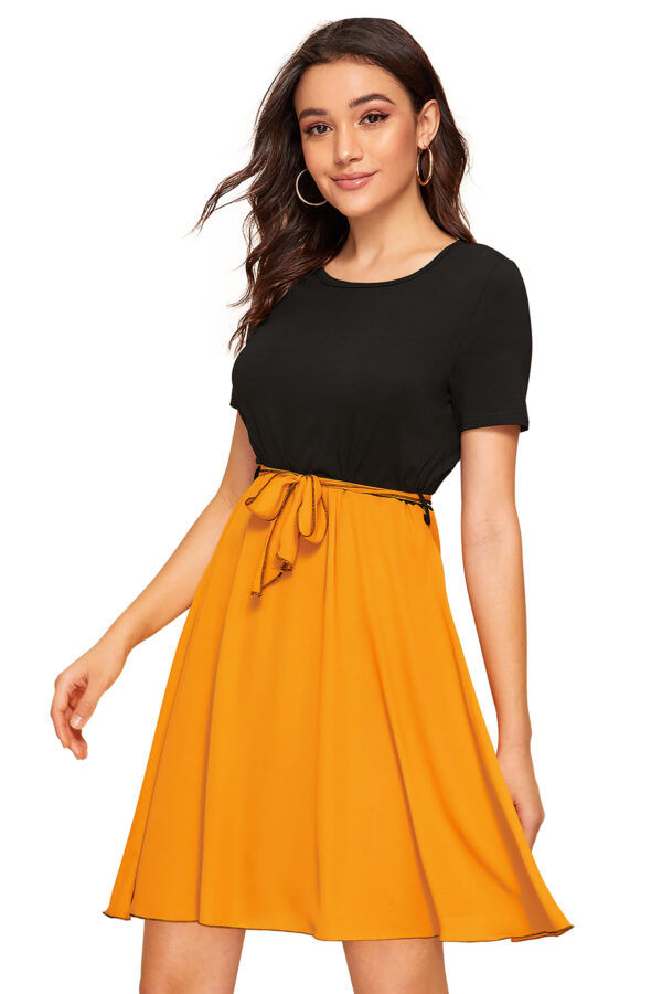 Yellow Cap-Sleeve Stretchable Fit & Flare Knee-Length Dress - Image 3