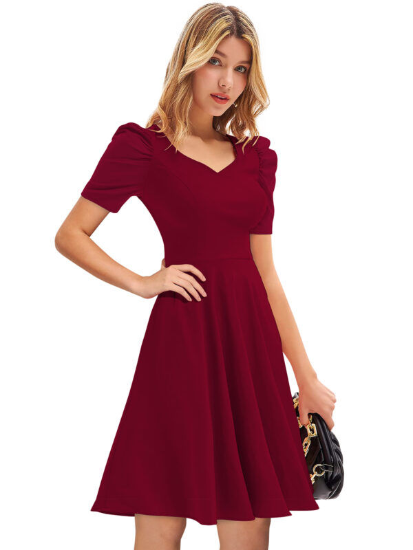 Maroon V-Neck Cap-Sleeve Fit & Flare Knee-Length Dress - Image 2