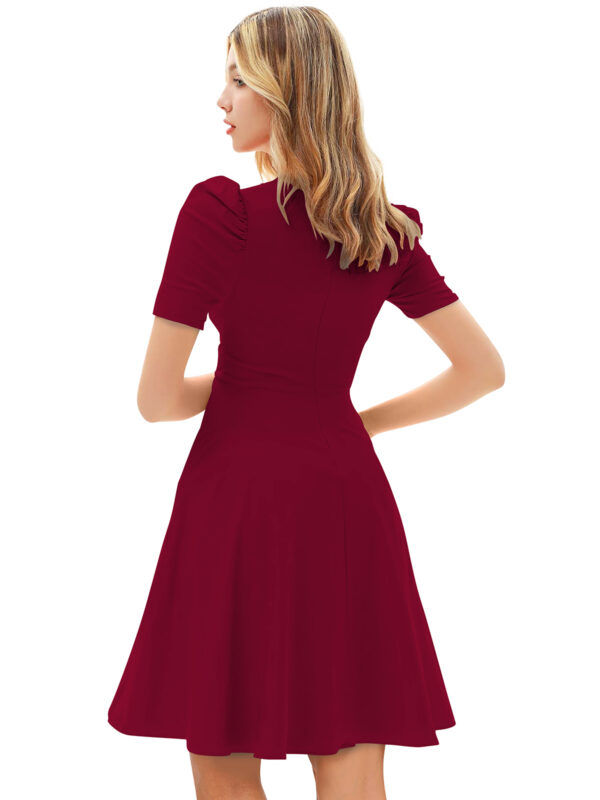 Maroon V-Neck Cap-Sleeve Fit & Flare Knee-Length Dress - Image 4