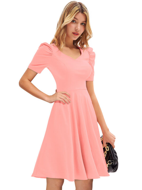 Peach V-Neck Cap-Sleeve Fit & Flare Knee-Length Dress - Image 2