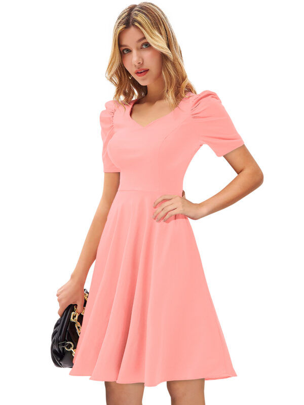 Peach V-Neck Cap-Sleeve Fit & Flare Knee-Length Dress - Image 3