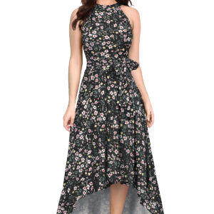 Flower Print Black Sleeveless Helter Neck Dress