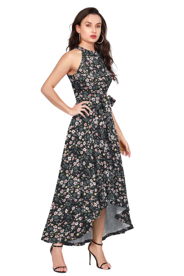 Flower Print Black Sleeveless Helter Neck Dress - Image 2