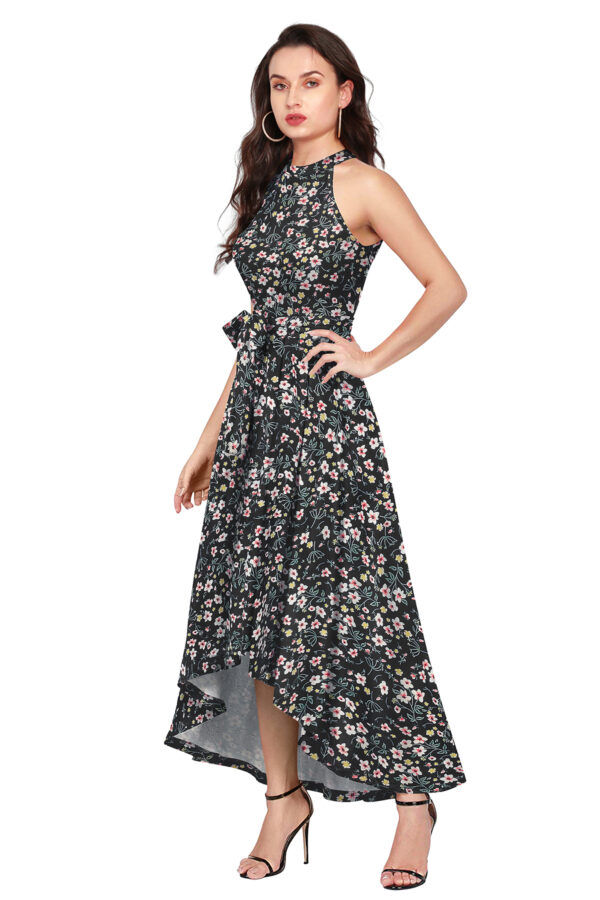 Flower Print Black Sleeveless Helter Neck Dress - Image 3