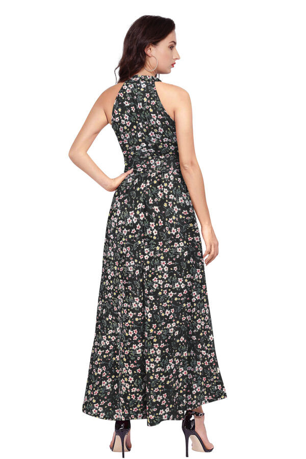 Flower Print Black Sleeveless Helter Neck Dress - Image 4