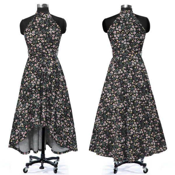 Flower Print Black Sleeveless Helter Neck Dress - Image 5