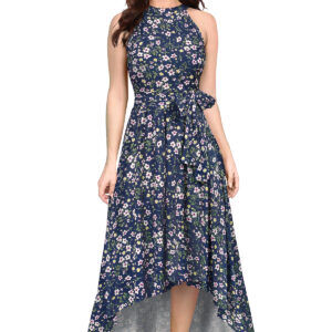 Flower Print Blue Sleeveless Helter Neck Dress
