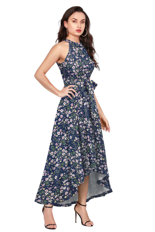 Flower Print Blue Sleeveless Helter Neck Dress - Image 2